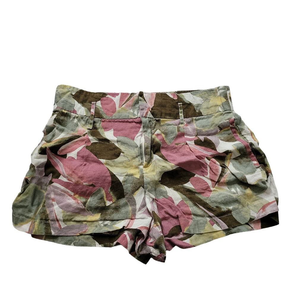 Tahari Size L Linen Floral Leaf Print Shorts Women Green‎ Pink Summer Casual